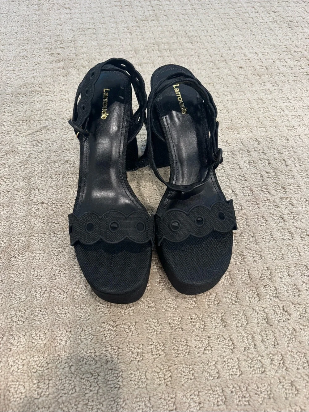 Larroude Dolly Broderie Sandal in Black Raffia